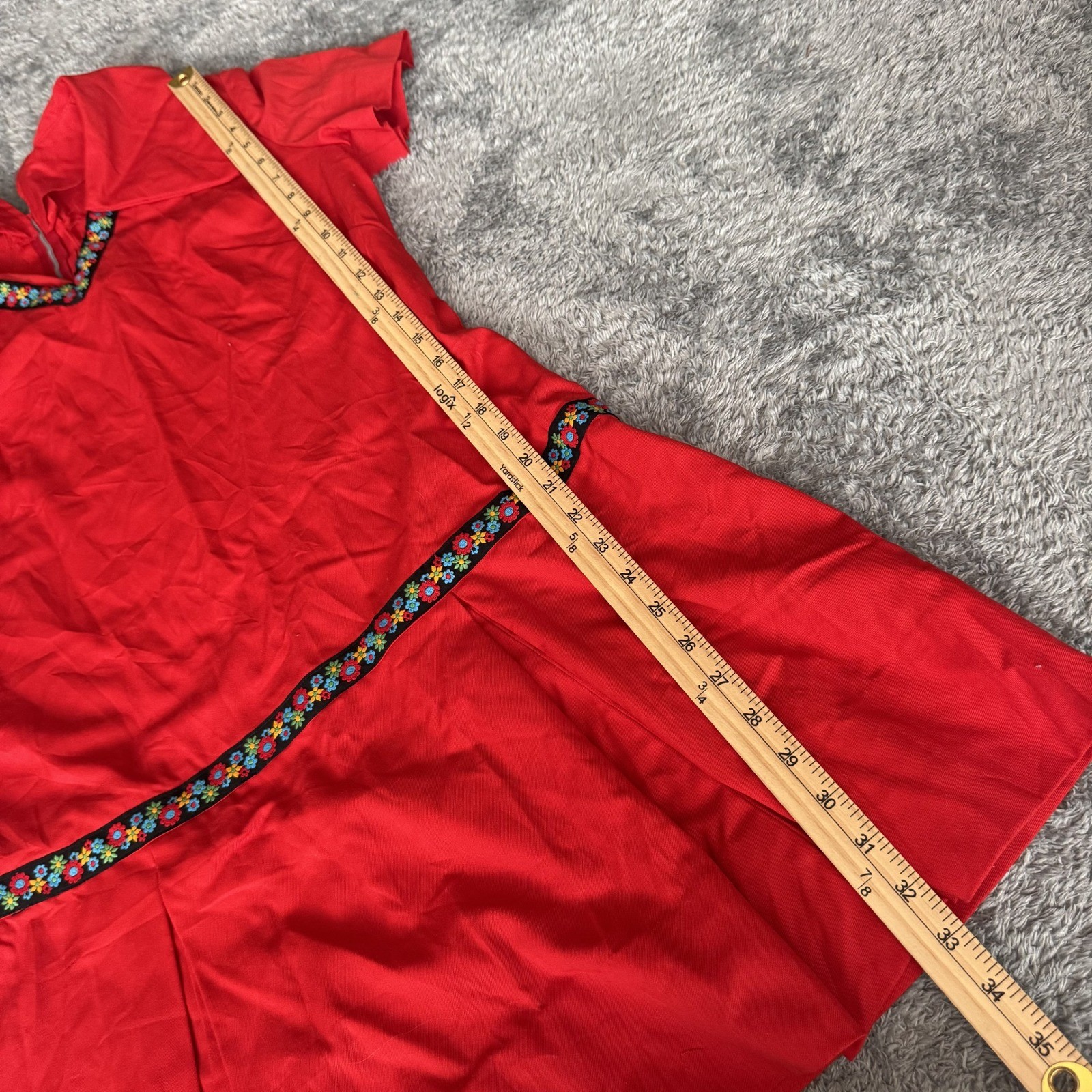 Unbranded Womens Vintage 70s Mod Mini Dress Small Red Floral Embroidered Trim