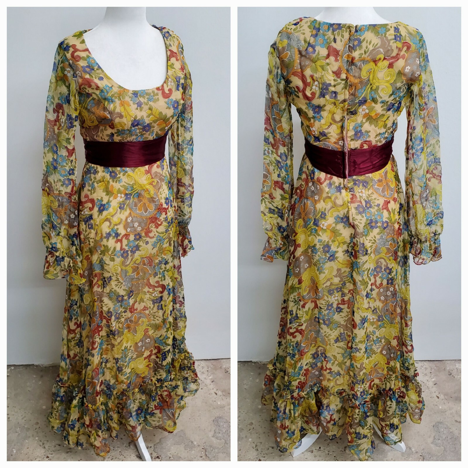 Vintage 70’s Maxi Dress Peasant Colorful Psychedelic Floral Hippie Sheer Chiffon