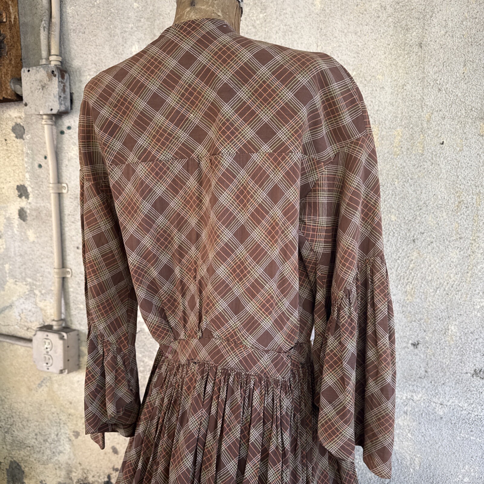 Vintage 1930s Brown Green & Orange Plaid Linen Dress Maxi Bell Sleeves Wooden