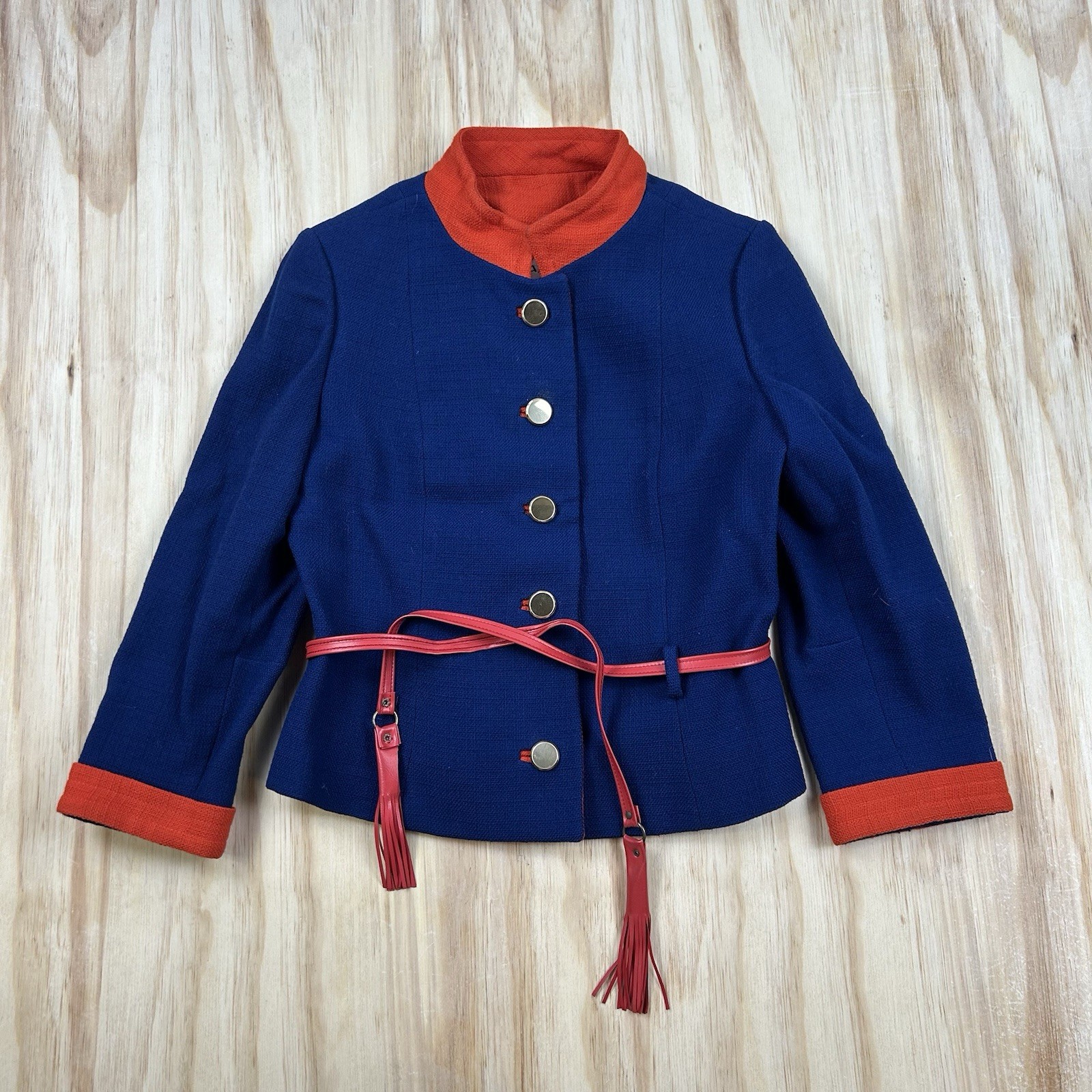 Barberini Women’s Vintage Unique Plaid Red and Blue Jacket Leather Tie Small