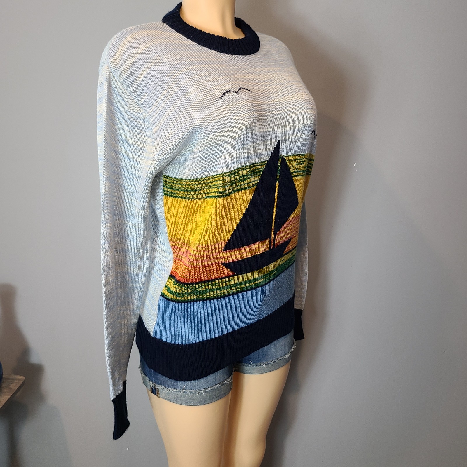 Vintage 70s Sailboat Sunset Sweater Coastal Size Large Nautical Granola Beach
