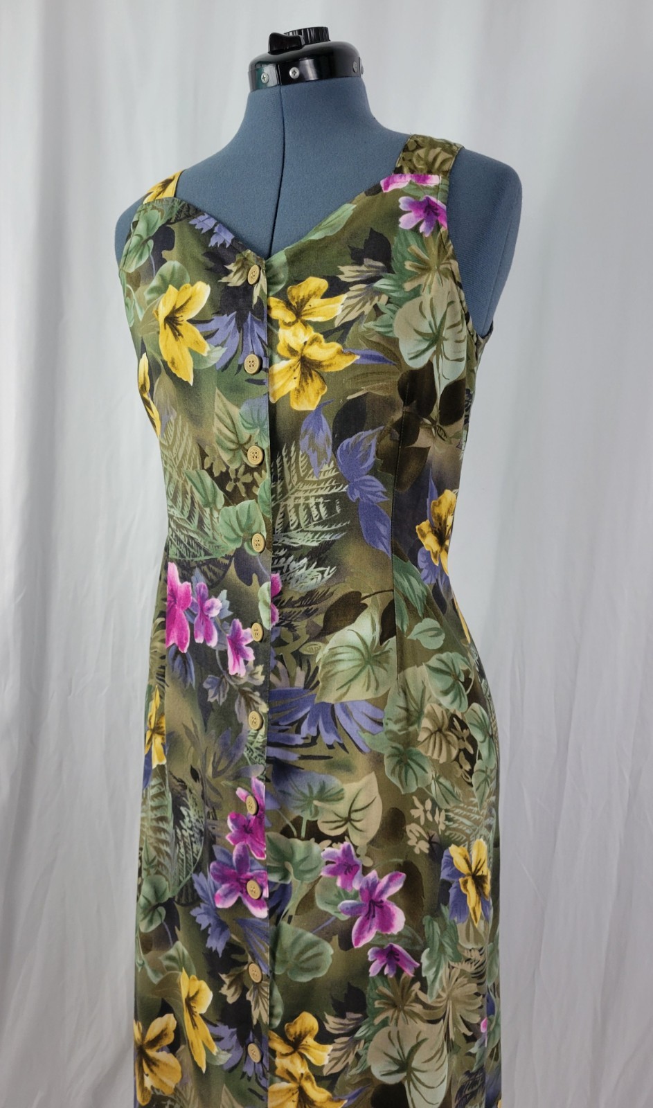 Vintage Erika Mossy Green Floral Sundress w Button Down Front Size Med Petite
