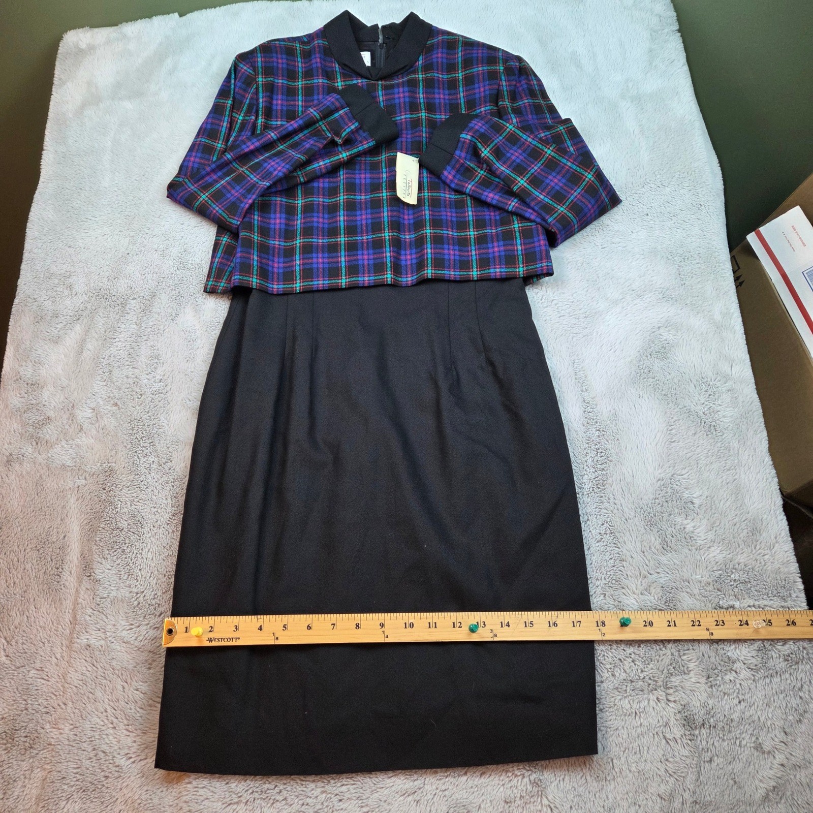 Vintage Talbots Plaid Sheath Dress Womens 8P Black Purple Wool Blend Mock Neck