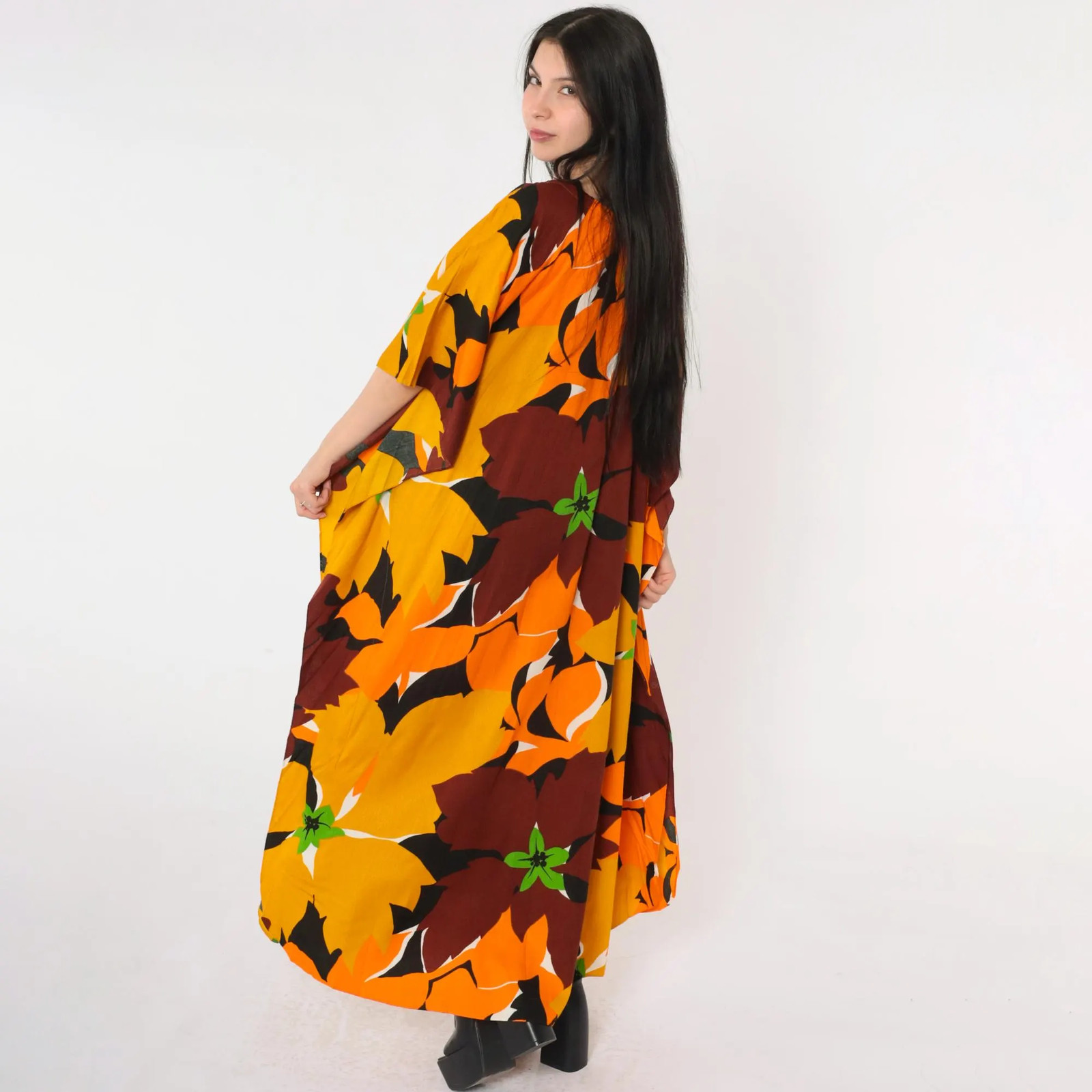 Vintage Hawaiian Caftan Dress 70s Boho Floral Maxi Hippie Bohemian 1970s Long Te