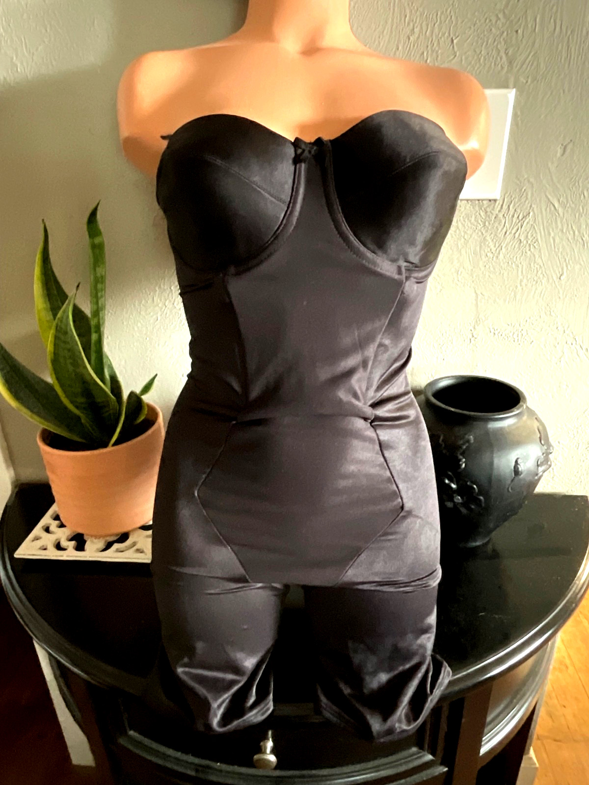 Vtg. Miraclesuit Black Strapless Girdle Corset All in One Girdle Open Gusset 36C