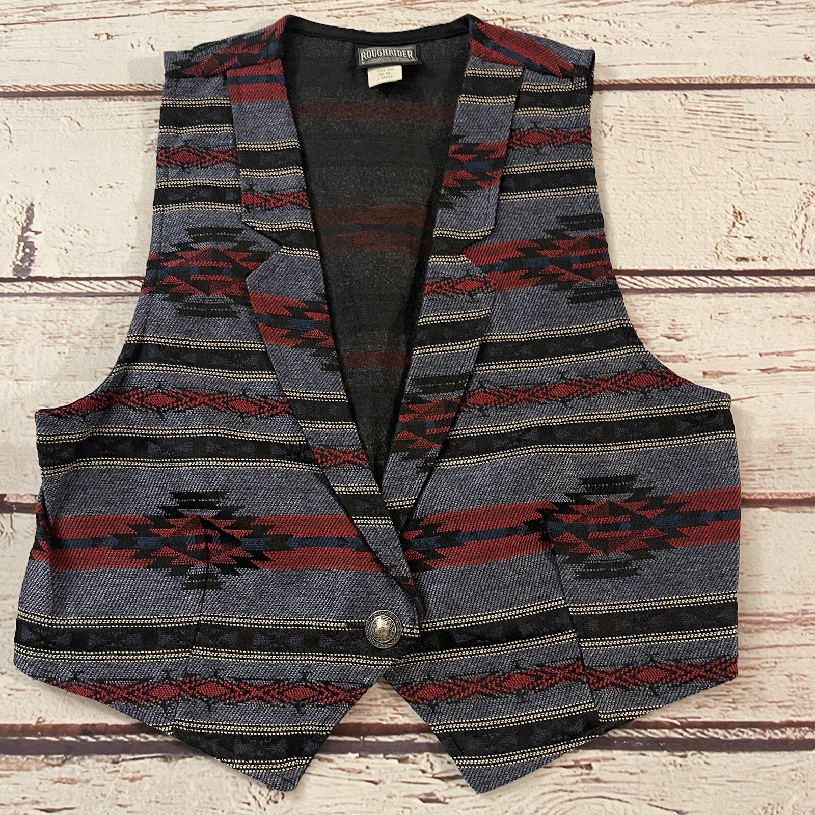 Vintage 70s Roughrider Circle T Boho Western Southwestern Woven Front Vest Large