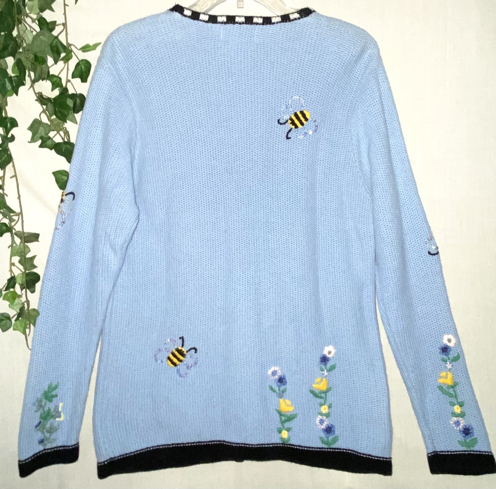 VTG Y2K Quacker Factory Light Blue Flowers Bees Cotton CottageCore Cardigan Sz M