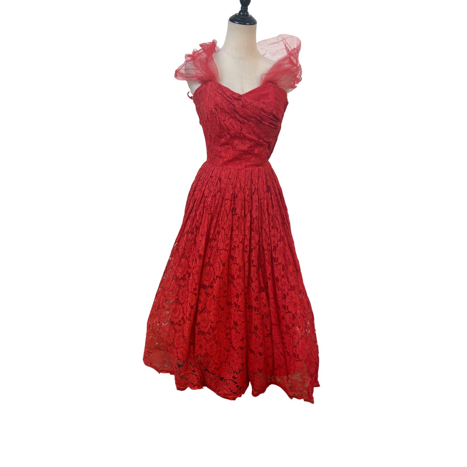 Vtg 50s Lace cupcake Prom Dress Womens XS Red Tulle Boned Bodice Sweetheart