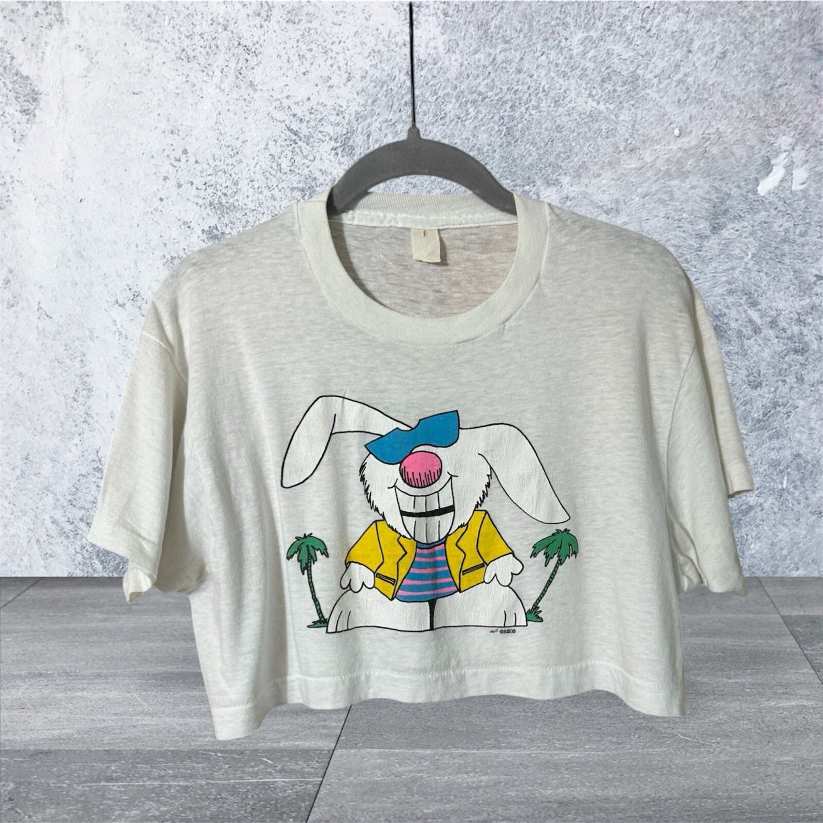 VTG 1985 Bunny & Palm Trees Micro Crop Tee Women’s M/L Oasis Women’s Teens