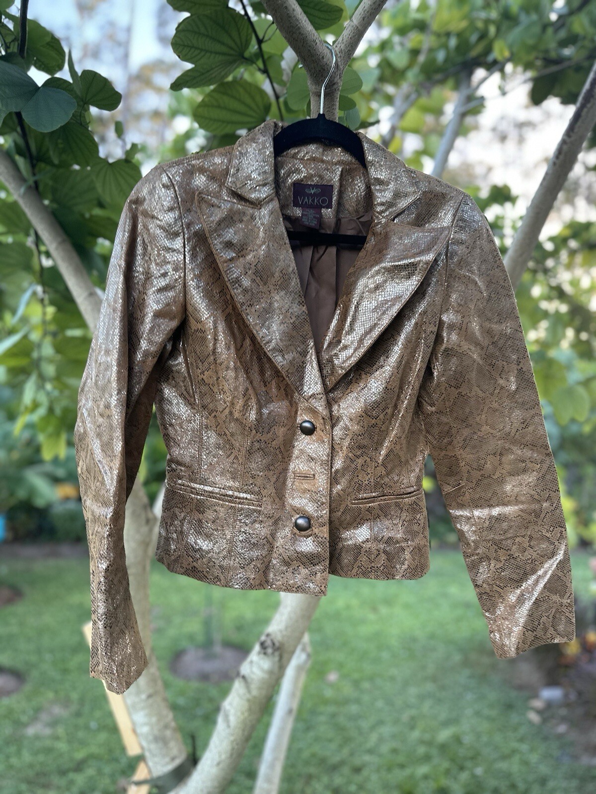 Vtg 90’s Designer Vakko Blazer Leather Jacket Metallic Snake Print Mustard Sz8