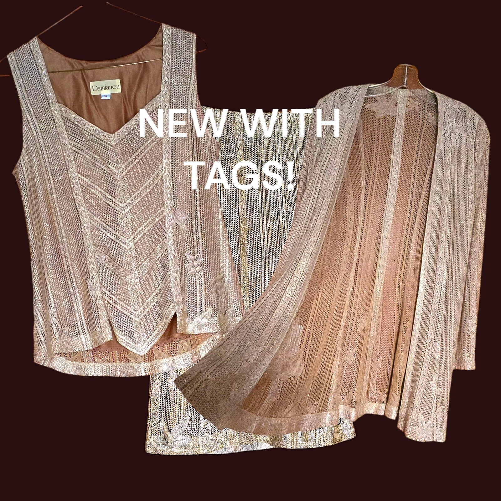 New Vintage Damianou Golden Knit 3 PC Set Skirt Jacket Top S Deco Look