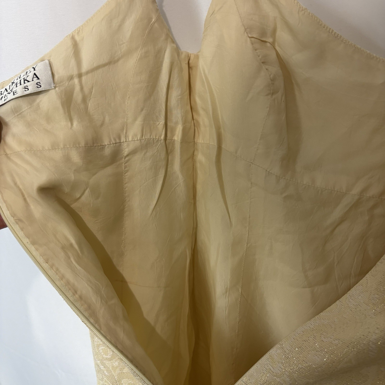 Vintage Badgley Mishka 90’s Y2K Cocktail Dress Cream White Gold Brocade Size 6