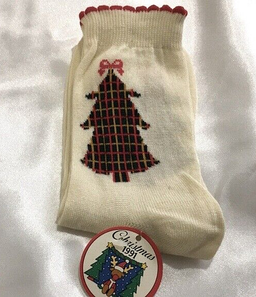 Vintage 1991 Target Christmas Tree Crew Socks NWT Cream Plaid Retro Size 9-11