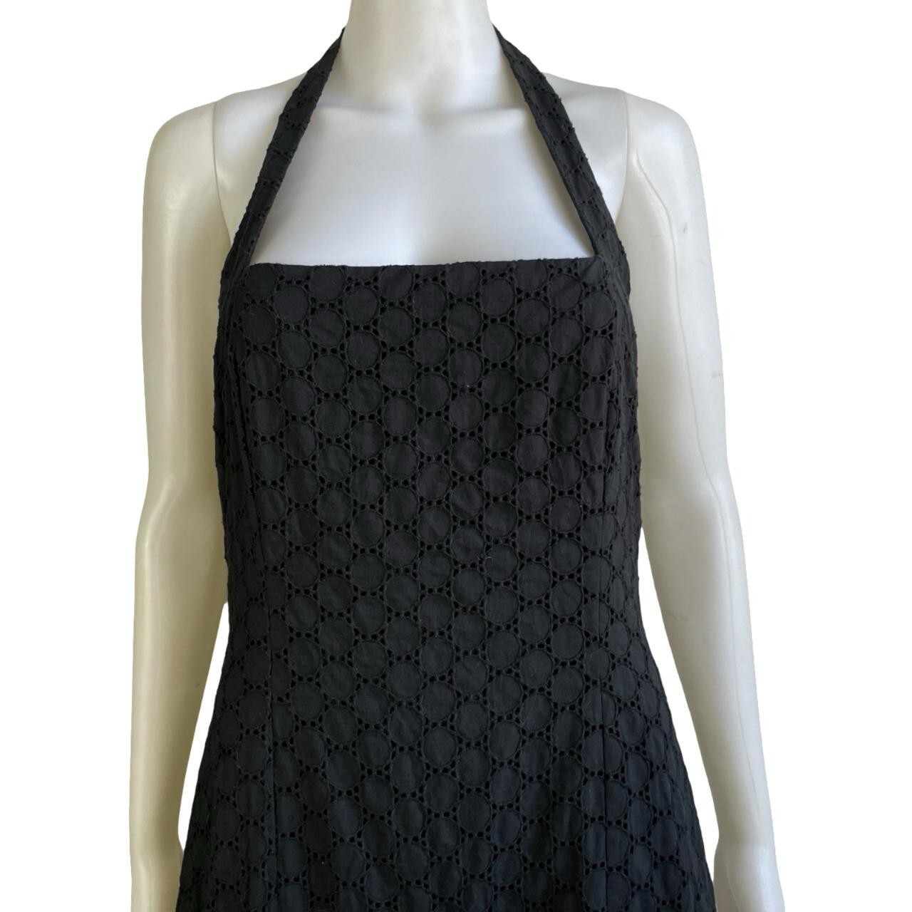 Vintage Eyelet Lace Cotton Dress Size Small 90s Maggy London Pom Pom Trim Halter