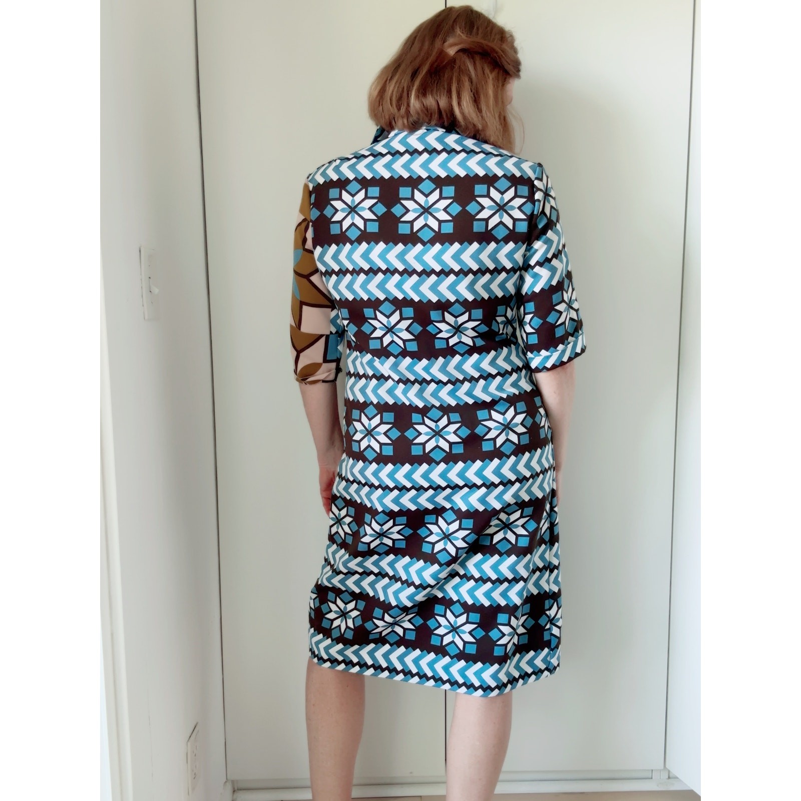 Vtg 70s LANVIN Paris OP Art MOD Dagger Collar Shirt Dress Sz M 8-10 Fit