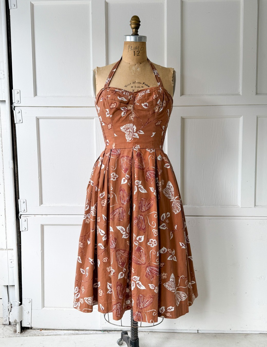 Vtg 50s Kahala Hawaiian Butterfly Moth Halter Strapless Pin-Up Dress Full Skirt