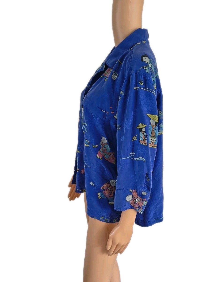 Vintage 80s 90s Chico’s Design Asian 100% Silk Blouse Royal Blue Size L