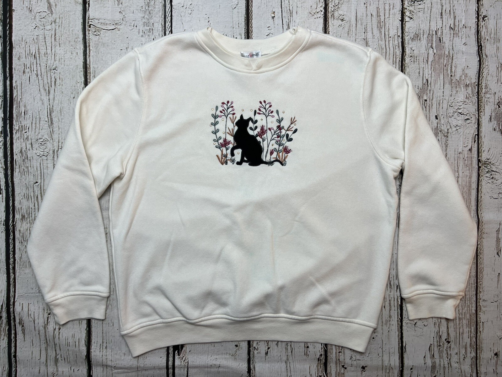 Y2K Black Cat & Wild Flowers Embroidered Hasting & Smith Crewneck Sweatshirt – L