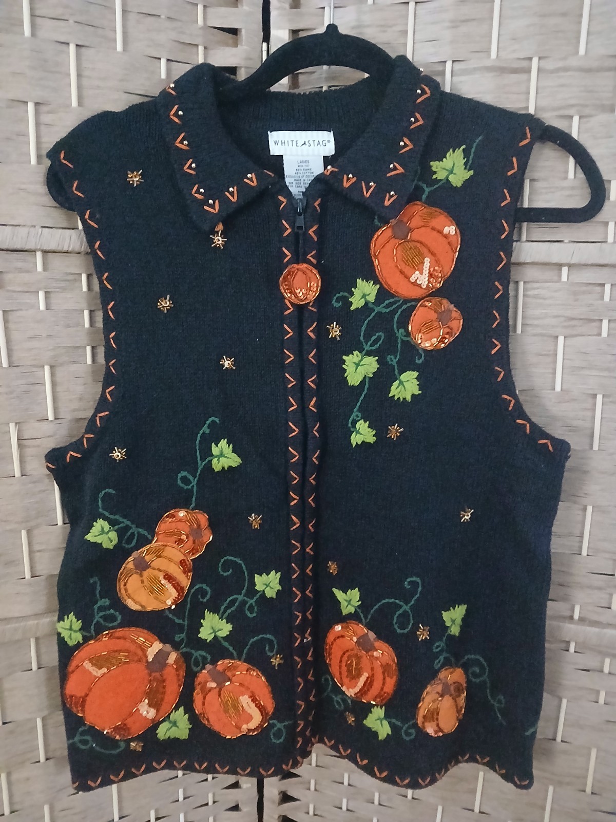 Vintage Knit Autumn Embroidered Beaded Pumpkin Vest Sz M Fall Halloween