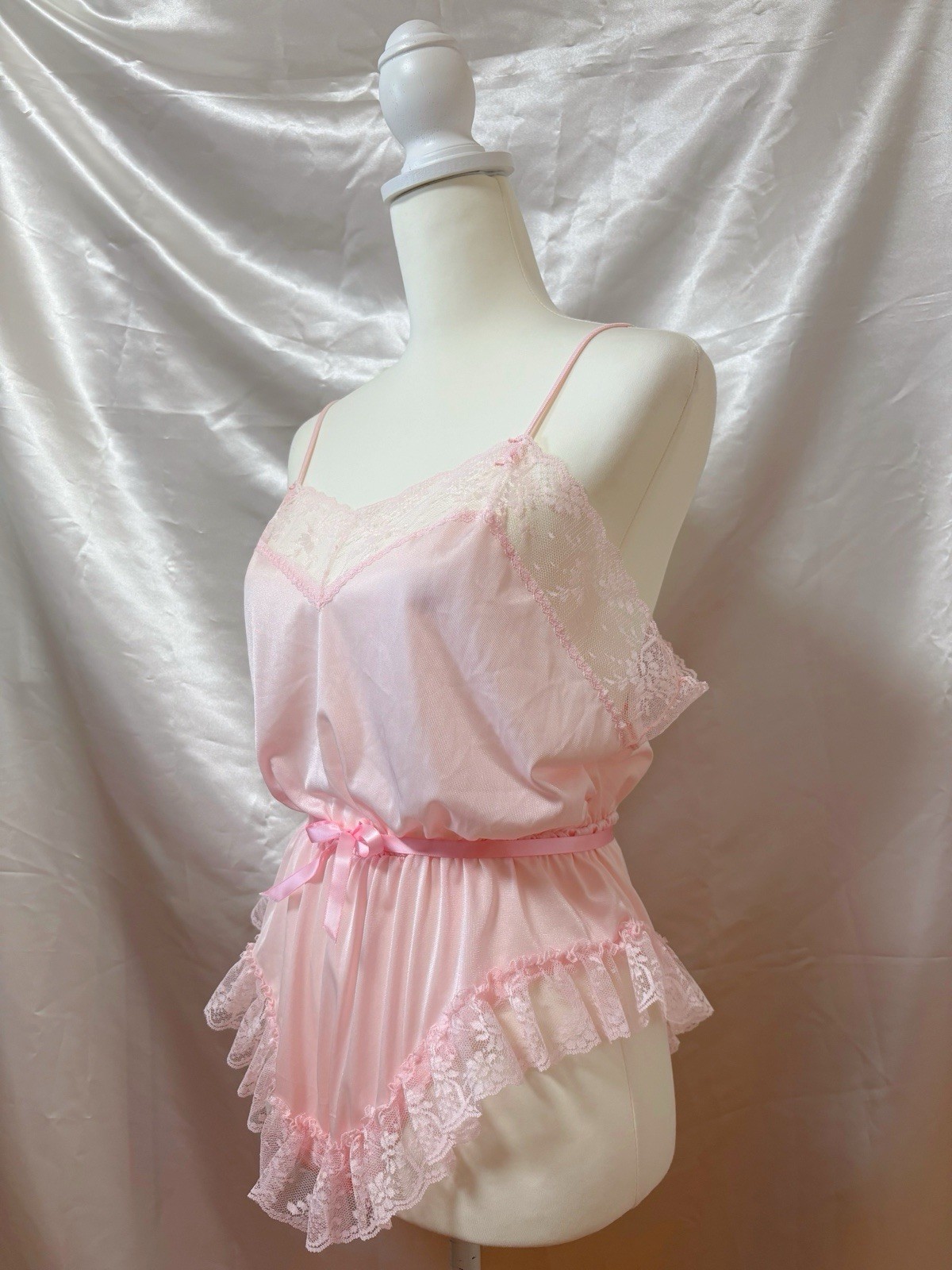 Vintage 1970s Lace Lingerie Teddy Nightgown Romper Bodysuit USA Pink Kawaii