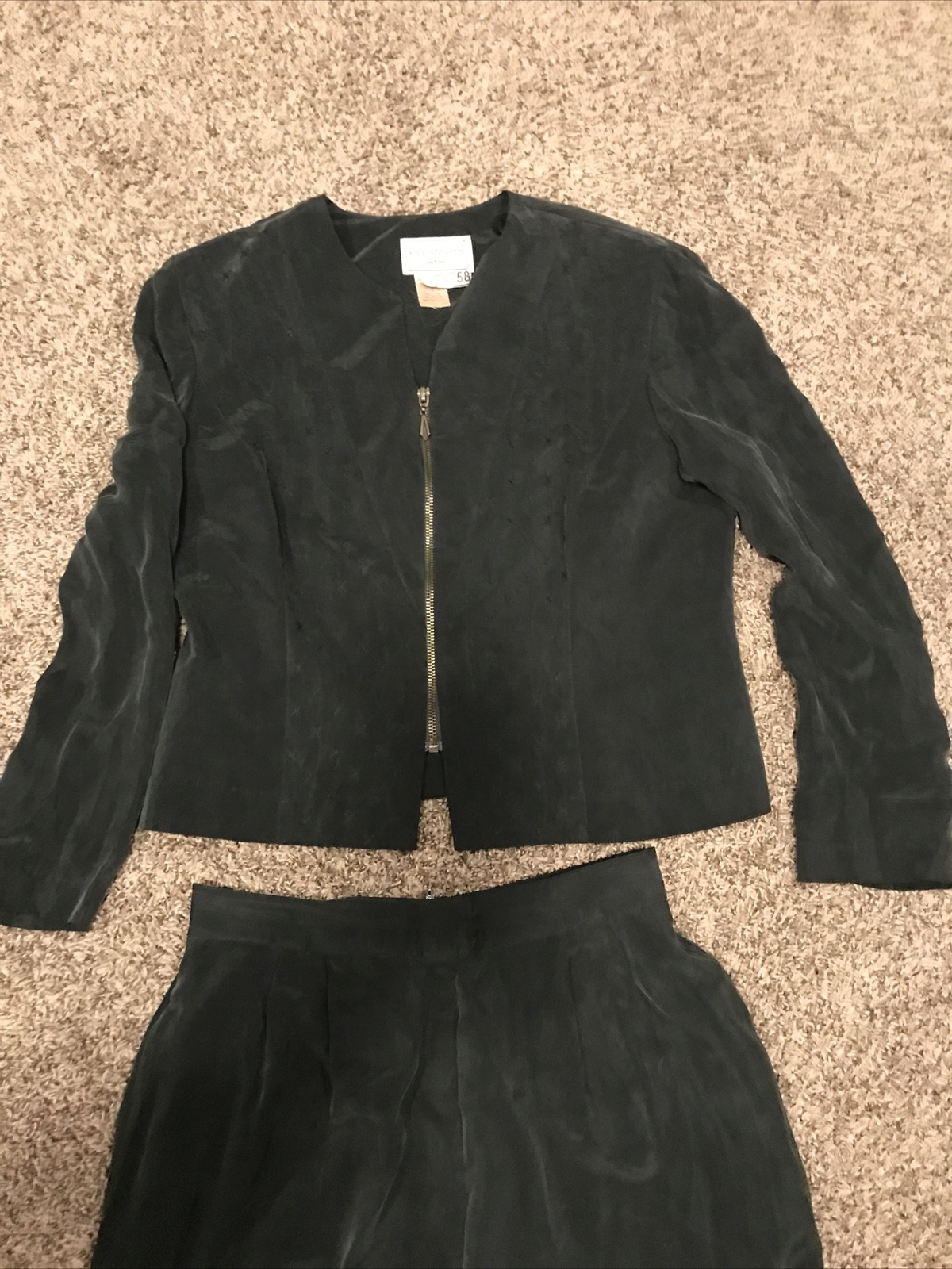 vtg karin stevens womens P8 2 piece outfit dark green rayon b3
