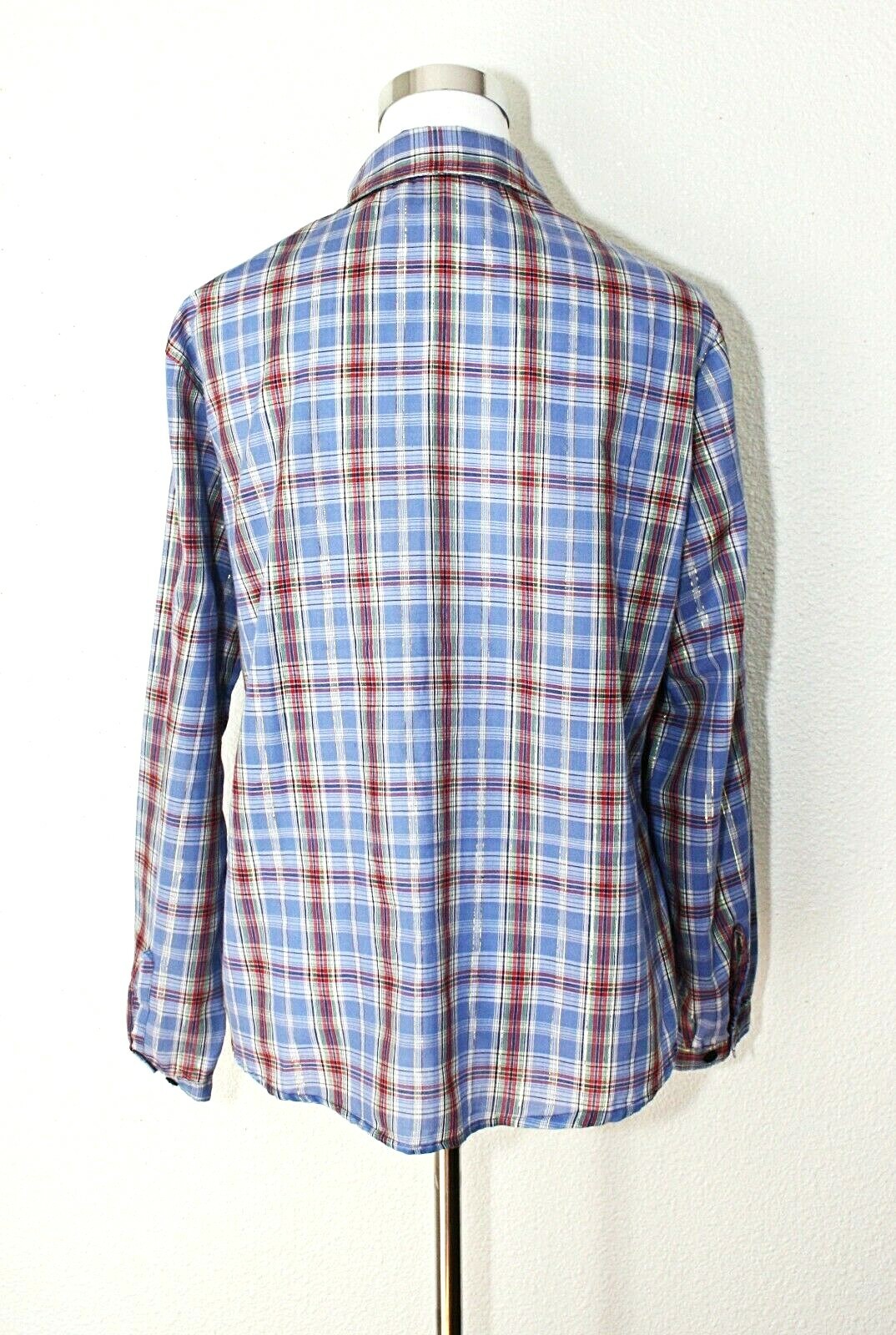 VTG LICORICE X Top Blouse Sz. 40 Long Sl. Blue White Red Gold Plaid Casual #02