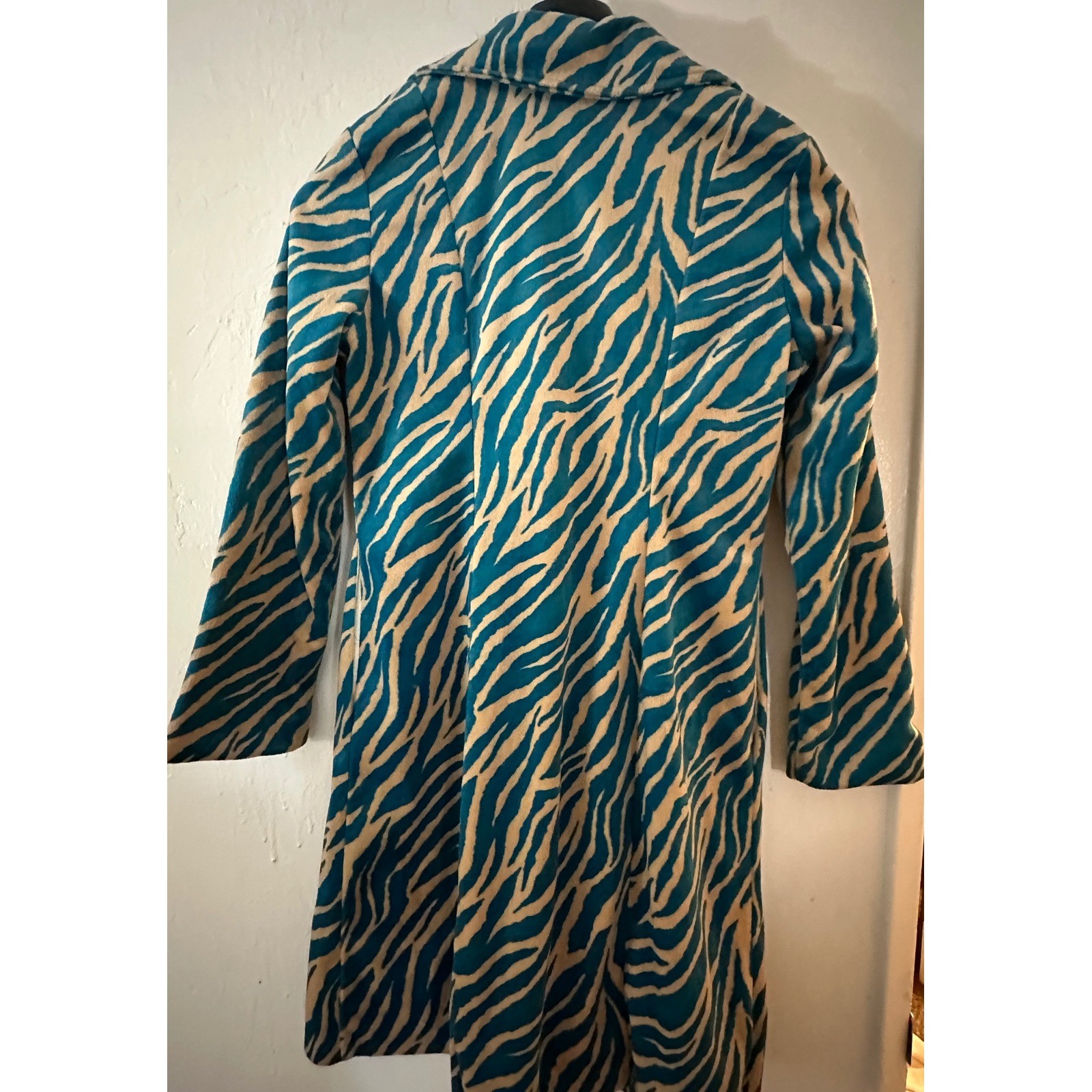 Vintage Vibe Teal & Tan Zebra Print Faux Fur Suede Trench Coat Large