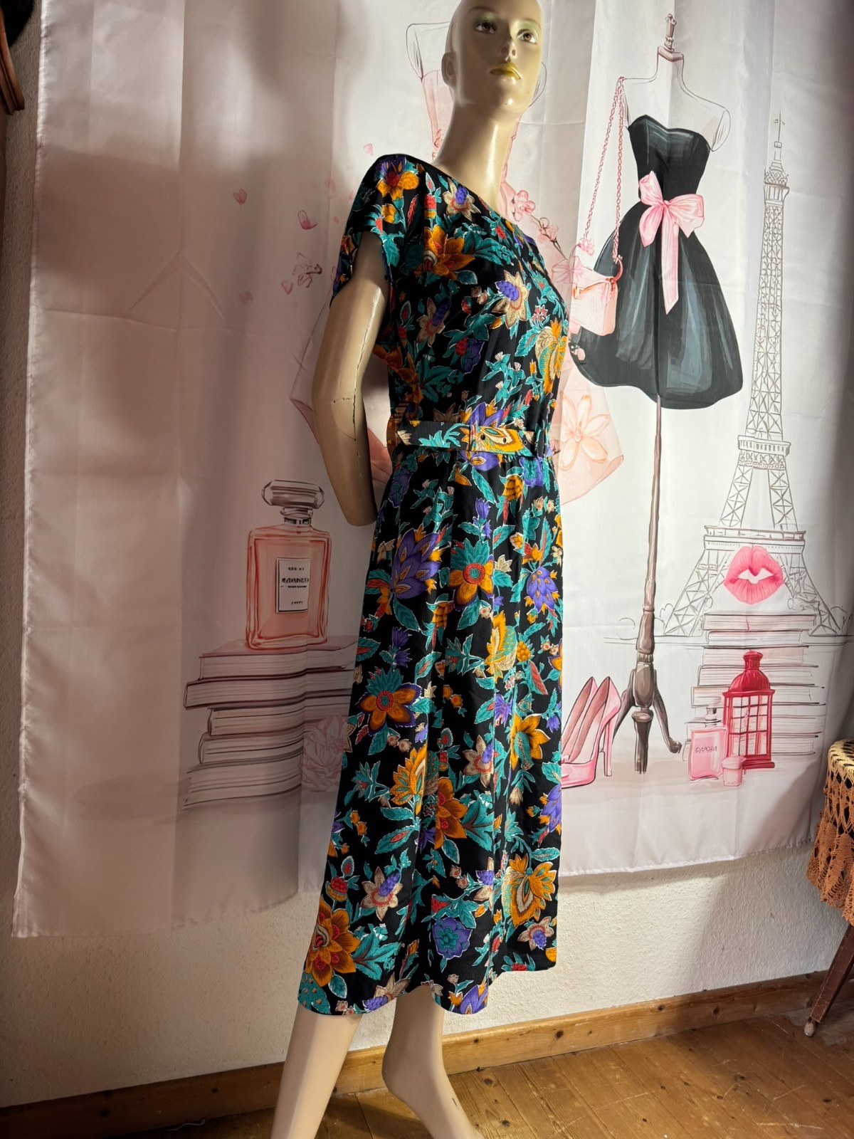 Vintage French Dress Crepe Made in France Floral Midi Dress Size 42 44