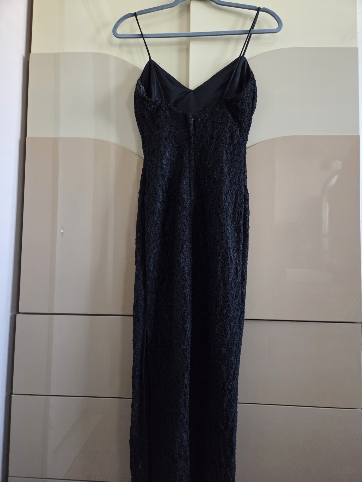 Vintage L.A. Glo Black Lace Maxi Dress Slip Spaghetti Strap Side Slit USA XS/S