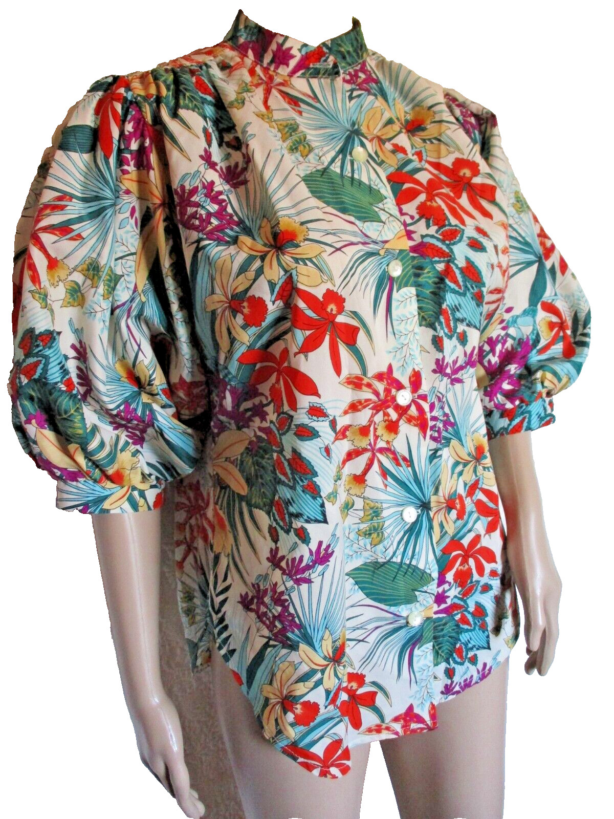 Edith Flagg Top vintage 70s CA USA Designer Orchid Blouse Floral Puff 1/2 sleeve