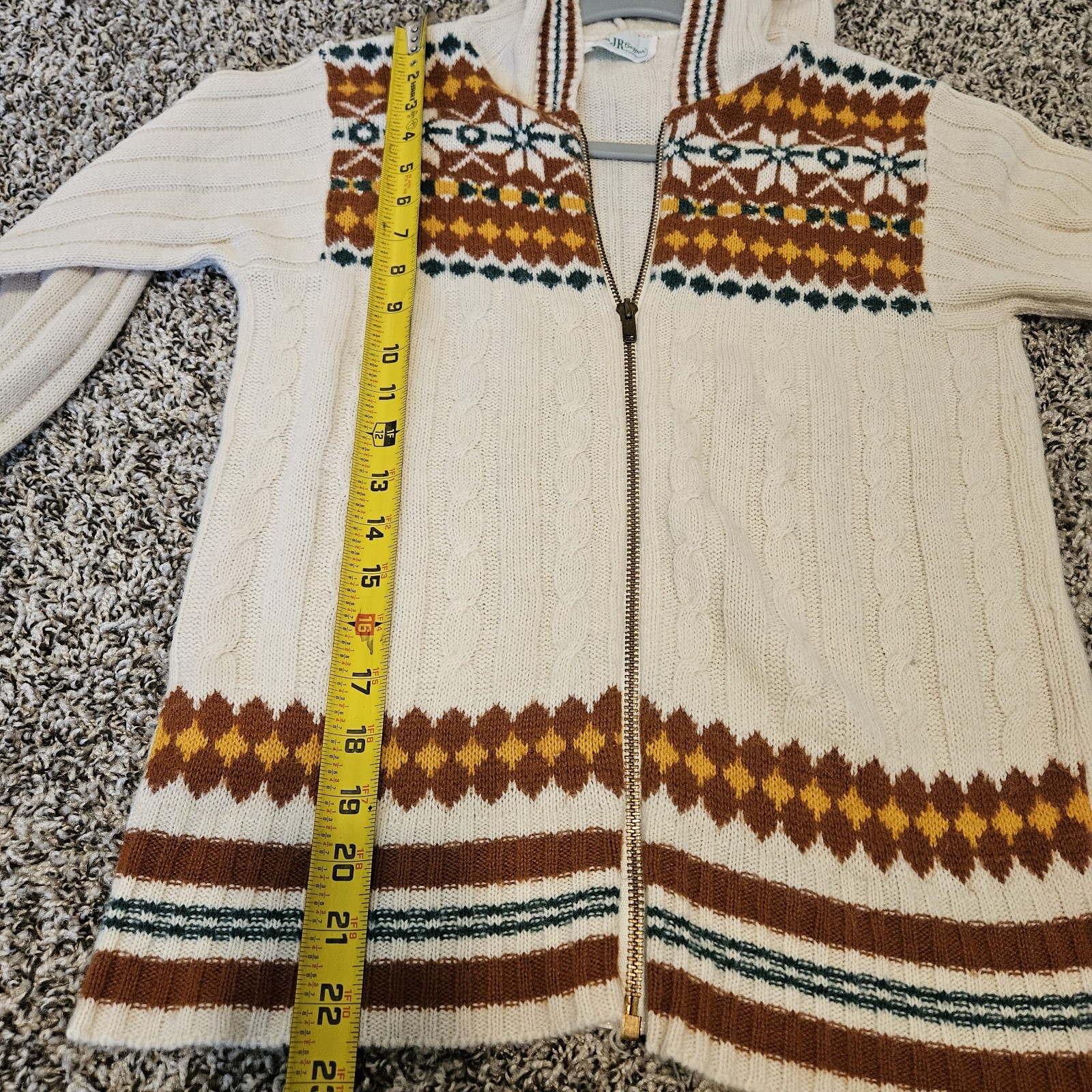 Vintage 1970s Sears Jr Bazaar Fair Isle Zip Hoodie Sweater Cream Brown Cable…