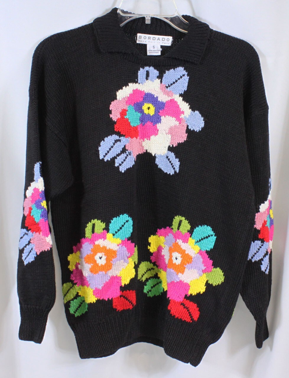 Vtg Bordado Sweater Peru Cotton Retro Chunky Black Floral 80s Cottage Core S