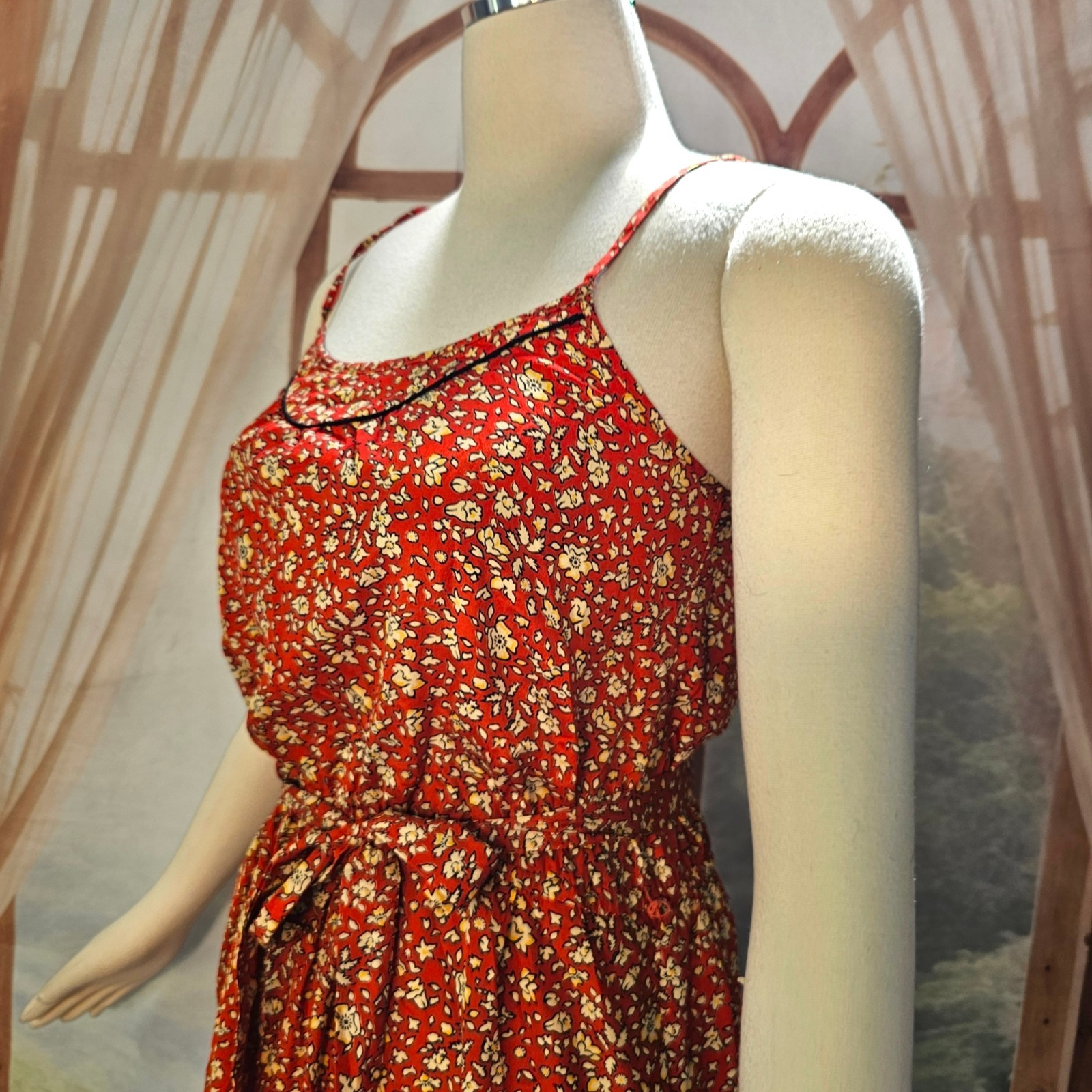 Vintage 1970s Dress Sundress Spaghetti Straps Tie Belt Red Cream Floral Boho
