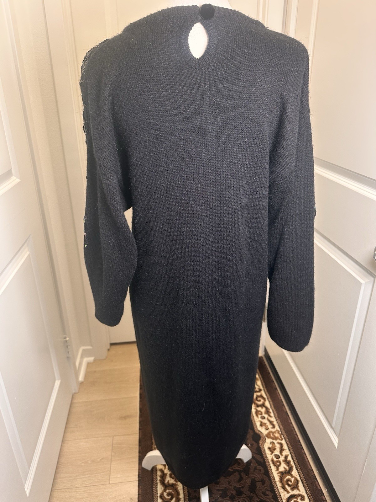 Vintage Belldini Black Beaded Sweater Dress Angora Blend Rhinestone Size L