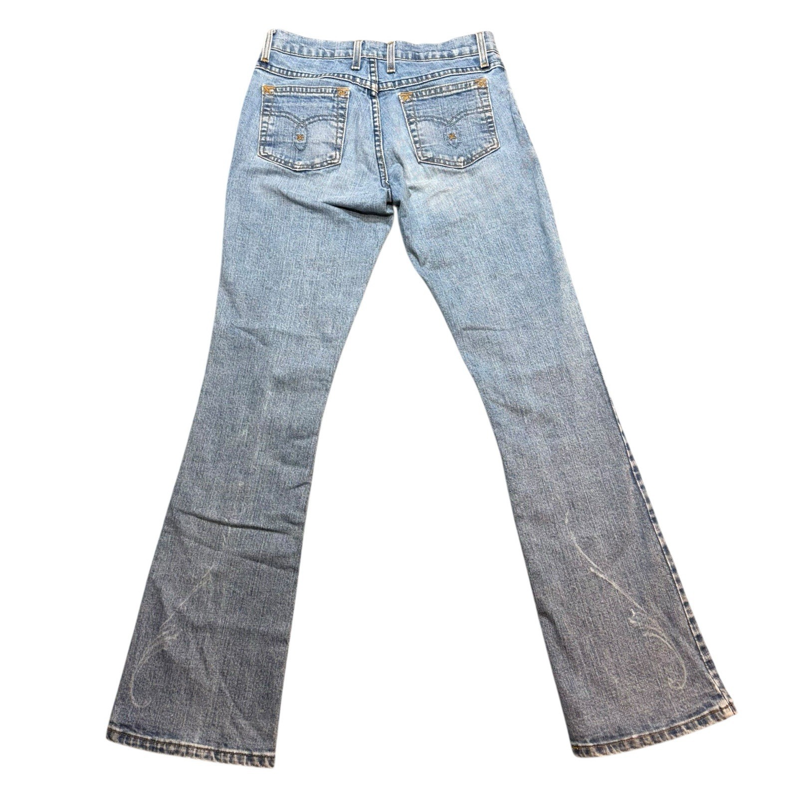 Women’s Light Wash Bootcut Jeans Mid Rise Distressed Denim Blue 30×33