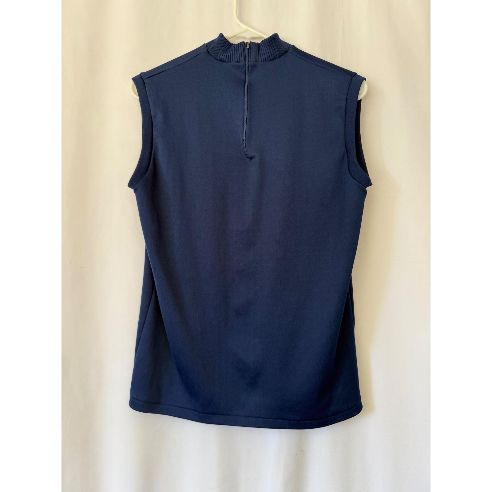 Vintage Navy Blue Sleeveless Mock Neck Top Ribbed Knit Shell Zipper Back