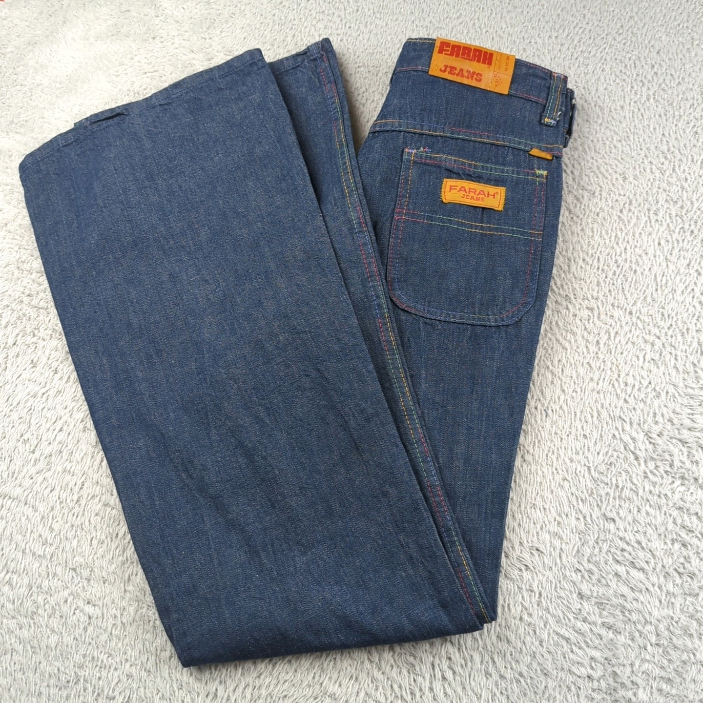 Vintage 1970s Farah Jeans Womens 31 XL Blue Flare Bell Bottoms Rainbow Stitch