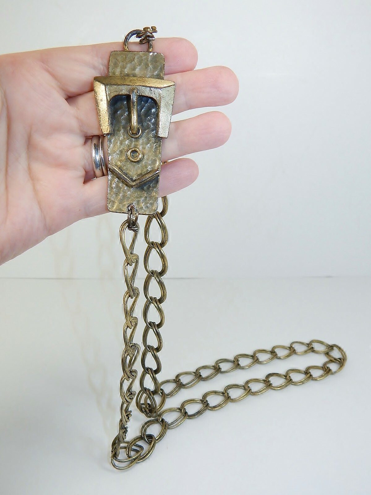 BRASS CHAIN BELT & BUCKLE, Vintage Womens 38″ Heavy Duty Brass Double Loop Chain