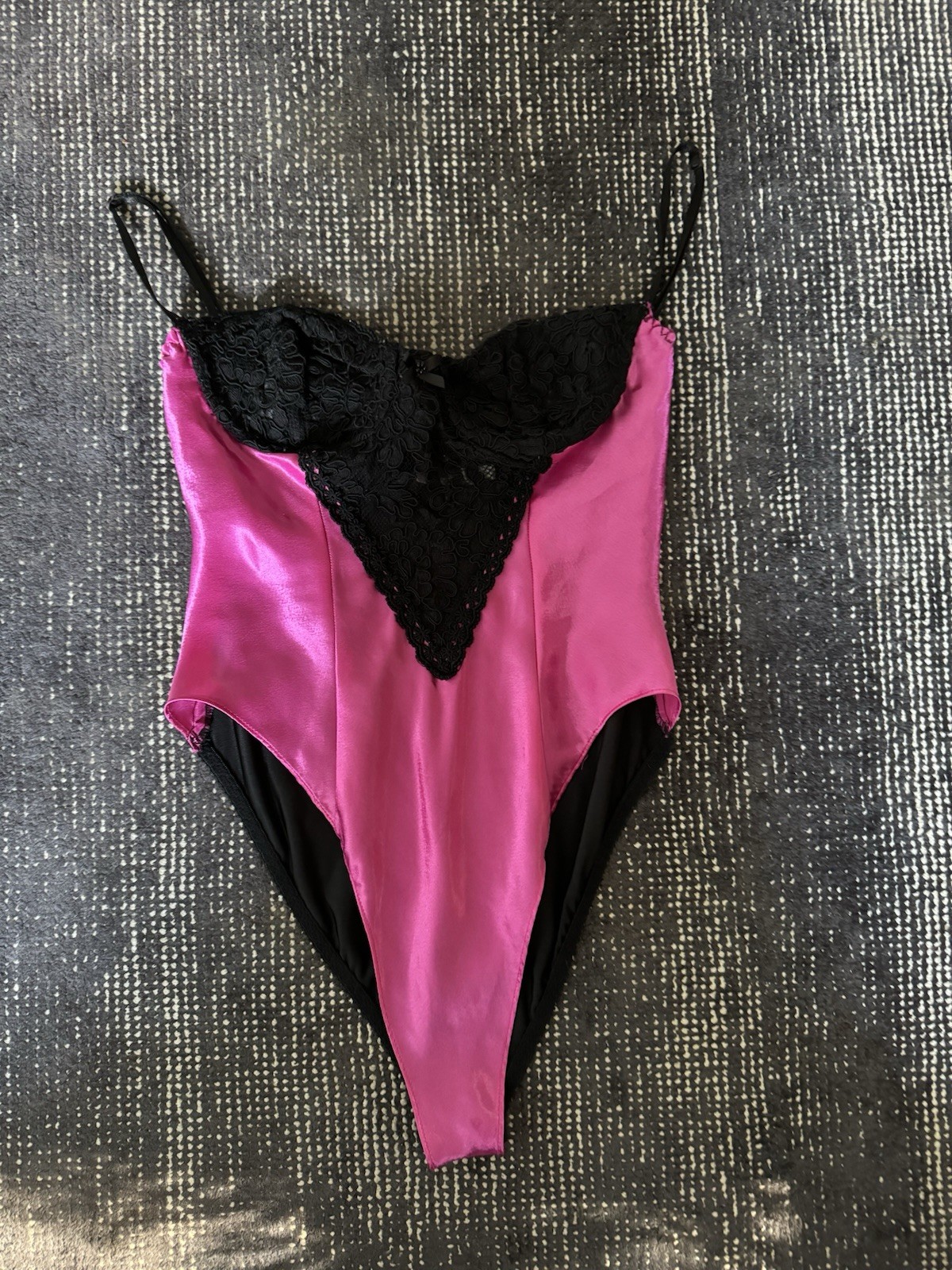 Vtg 80s Pink Black Lace Underwire Bra Lingerie Bodysuit Snap Crotch