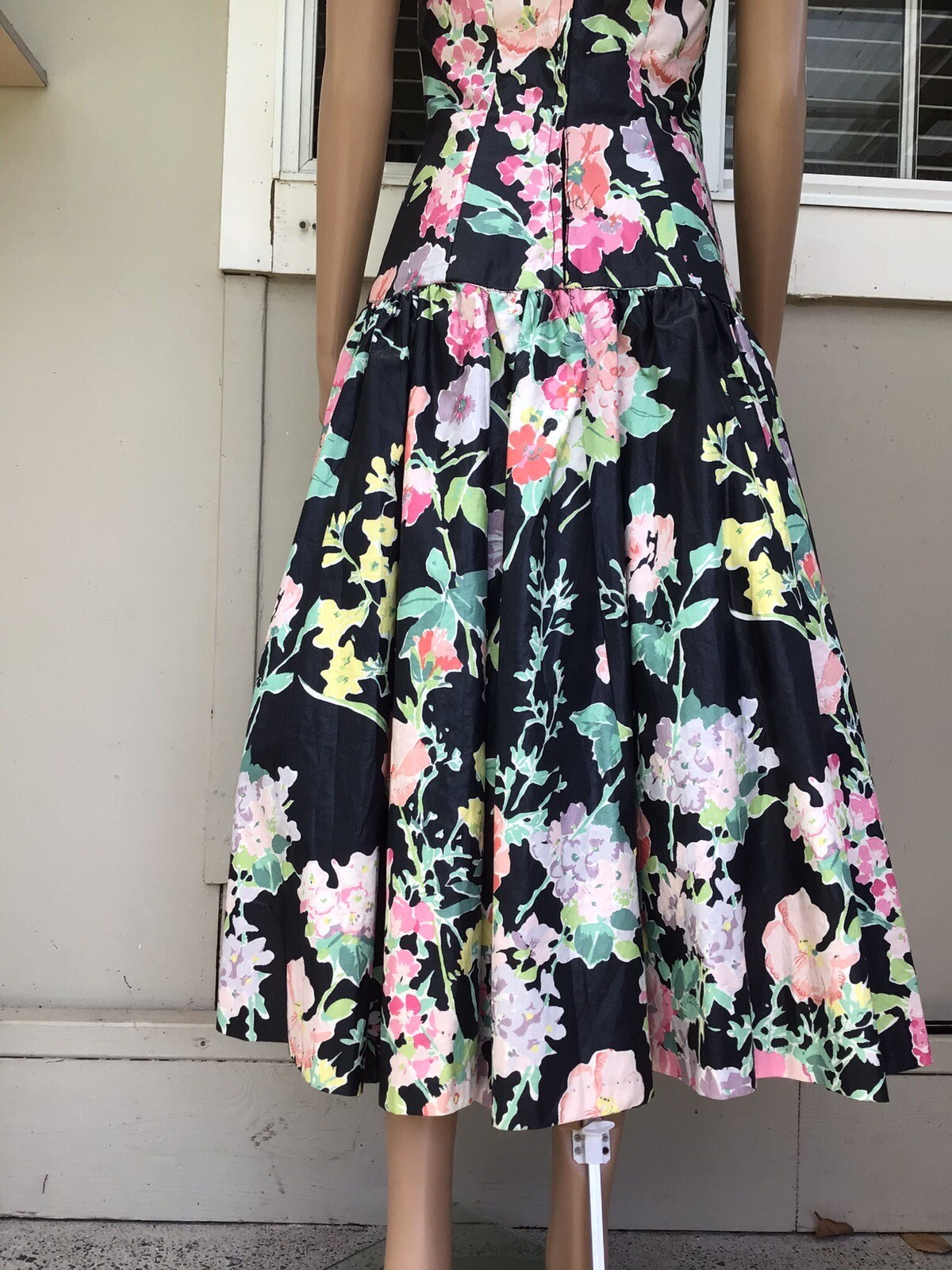 Vtg 80s S G Gilbert Black Floral Chintz Drop Waist Sleeveless Party Dress 8