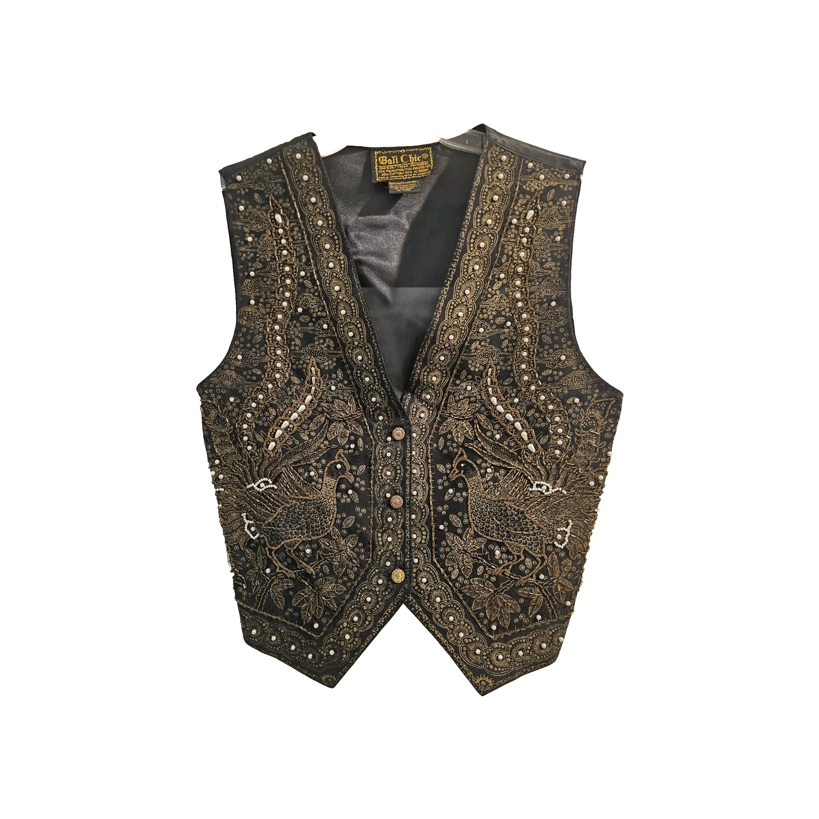 VTG Bali Chic Beaded Vest Ornate Festive Holiday Gold Black Pearl One Size