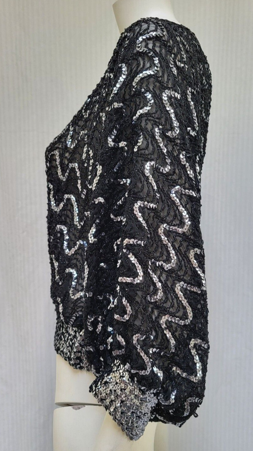 Vintage 1970s Black Silver Sequin Semi Sheer Balloon Sleeve Top – Size S/M