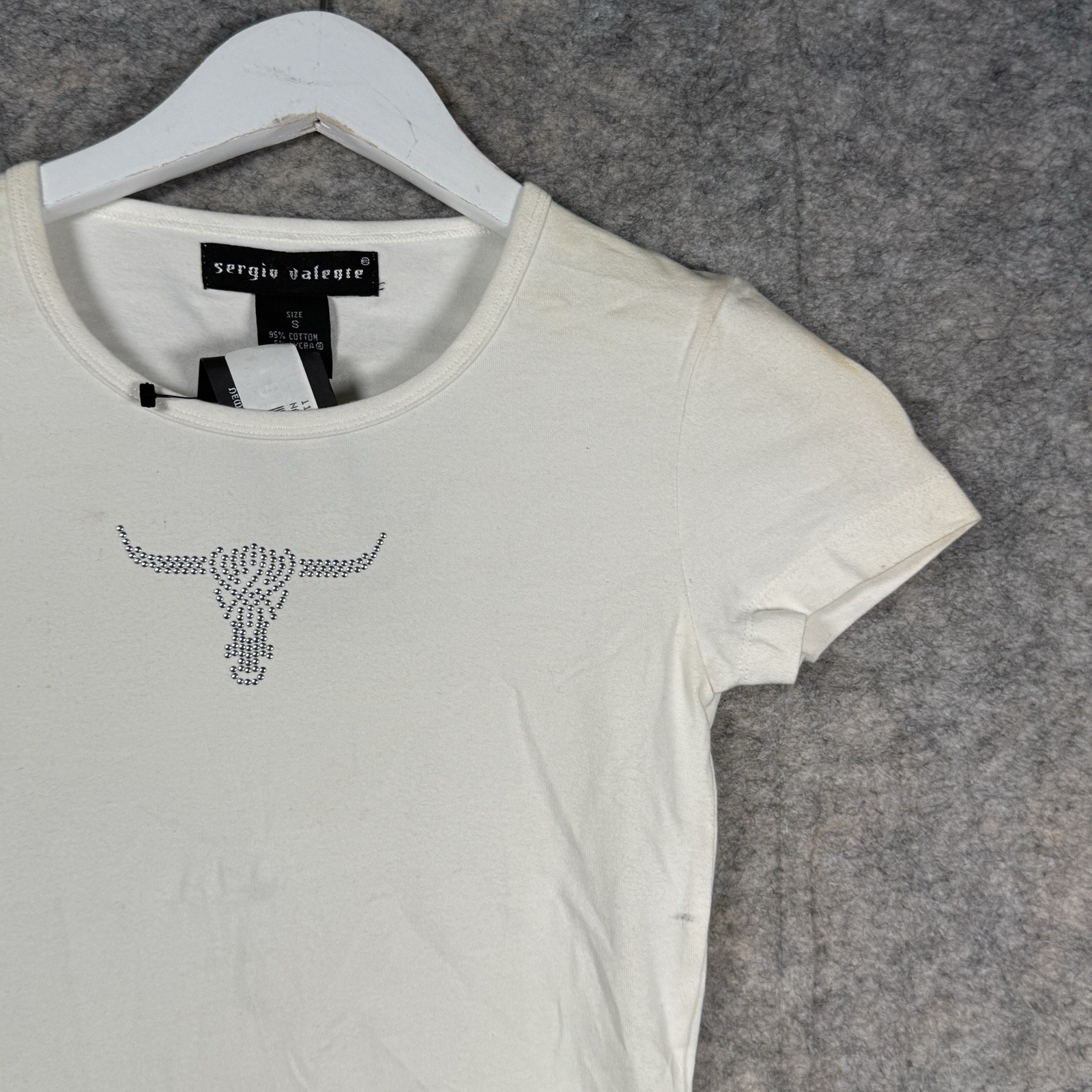Vintage Womens Y2K NWT Sergio Valente White Short Sleeve Bedazzled Top Sz S
