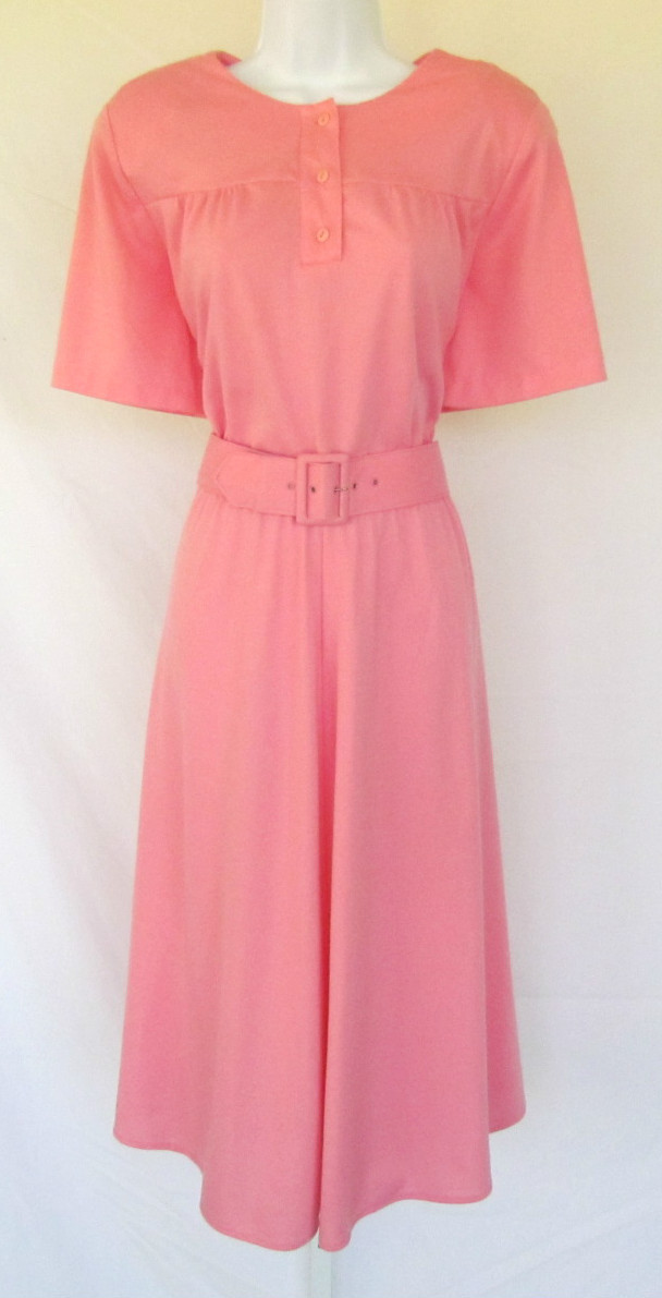 VINTAGE 1960s 70s DRESS ALICIA PINK BELT PADDED SHOULDERS 39″ BUST