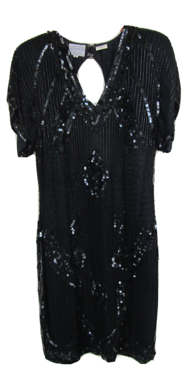 Stenay Size 10 Black Silk Sequins Party Art Deco 1920’s Flapper Inspired Dress