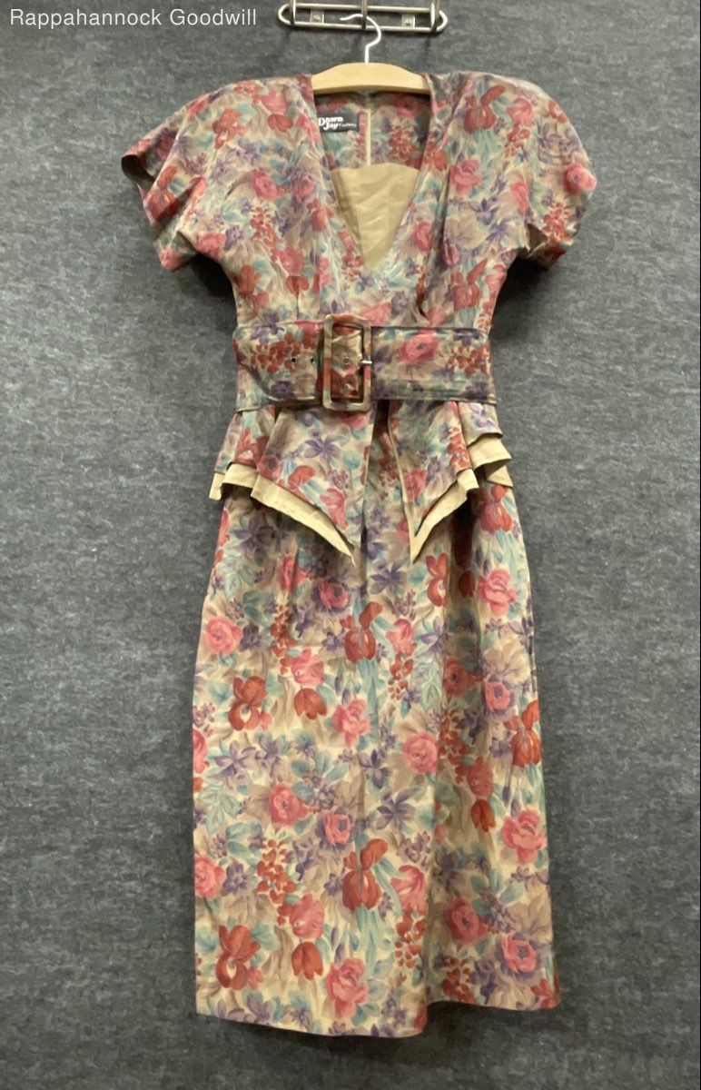 Vintage 80s Dawn Joy Fashions Women’s Multicolor Floral Peplum Belted Dress