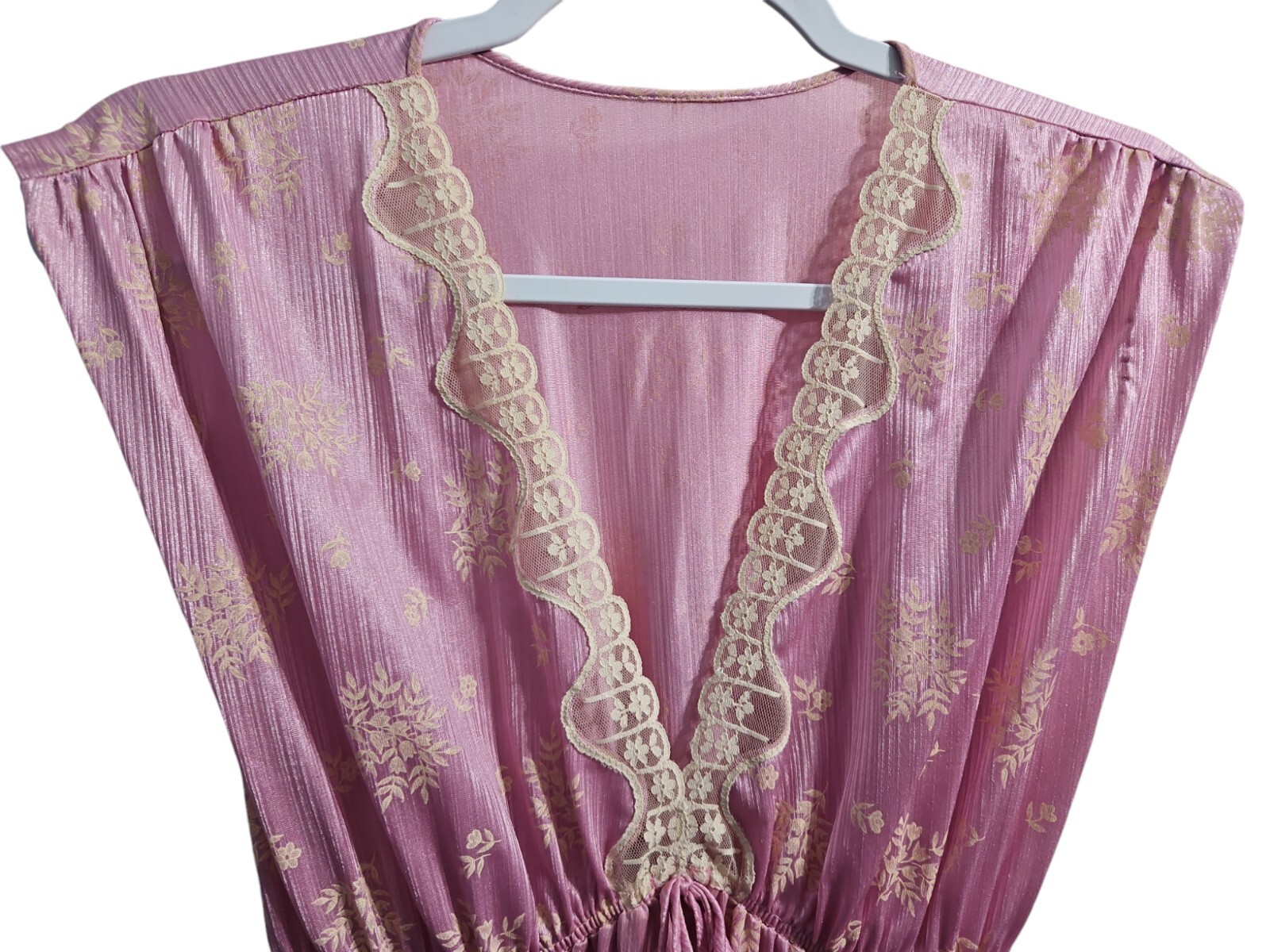 Vtg 80s Tom Bezduda Barad Co Pink Nylon Nightgown Lace Trim Floral Med Romantic