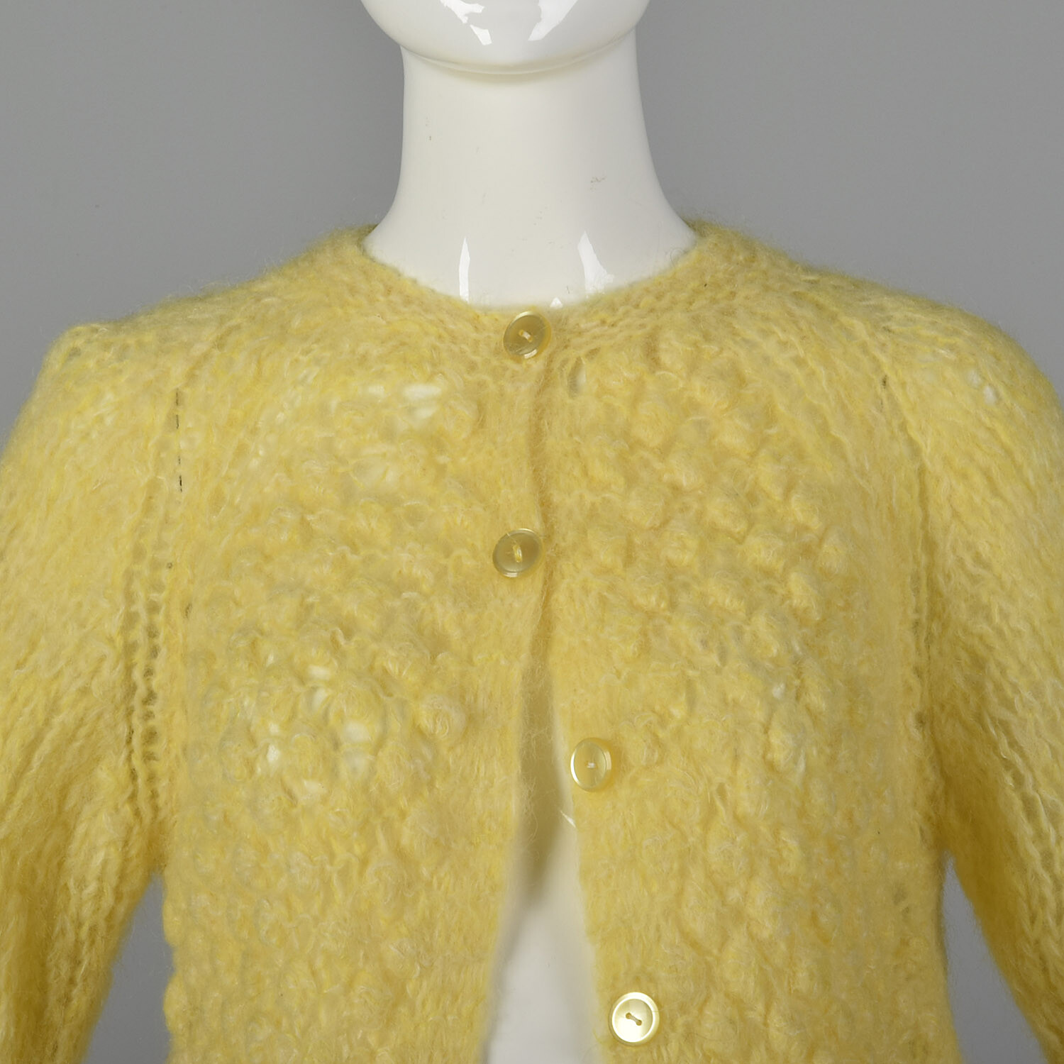 Large 1960s Sweater Yellow Hand Knit In Italy Cardigan Puff Stitch VTG 60s