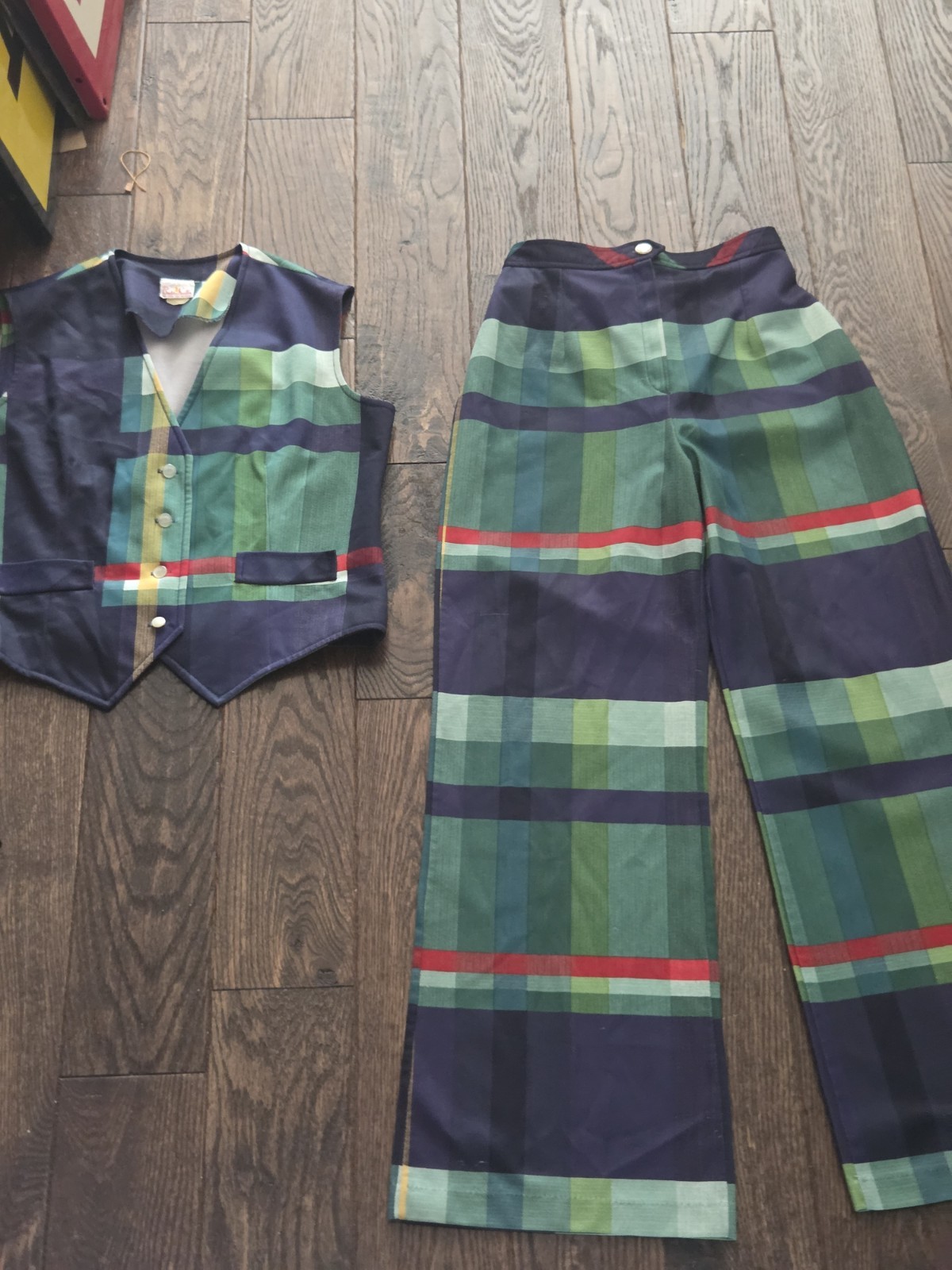 Vintage 1970s Bodin Knits Plaid Pant Suit Set Vest Wide Leg Pants Mod Disco Prep