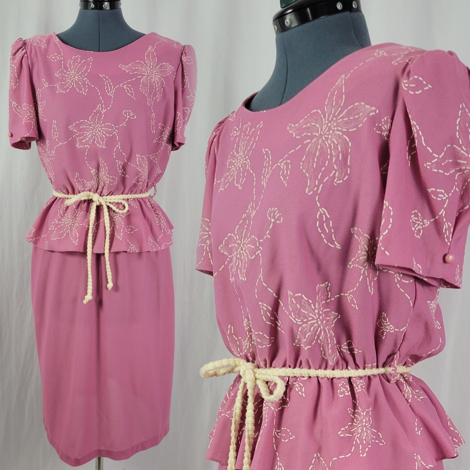 Vtg Earth Angel Mauvish-Pink Blouson Dress w Peplum & Cream Floral Print Size S?